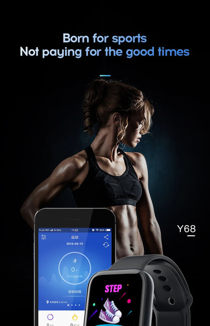 Athletic woman with fitness tracker and app interface on a dark background