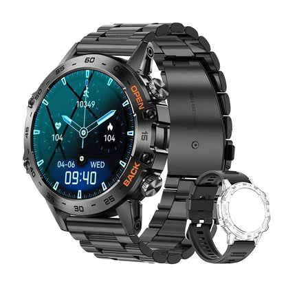 Melanda Smartwatch with black metal band and extra white strap on white background