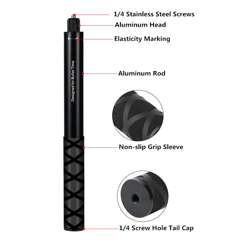 Black adjustable stick with labeled parts on a white background