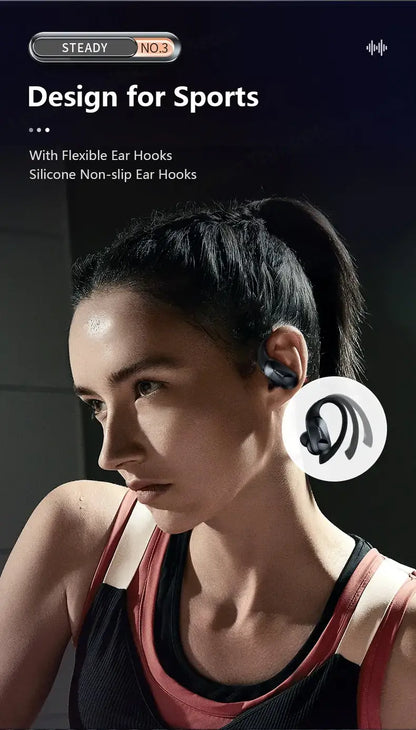 Person wearing wireless earbuds with a sports design on a dark background
