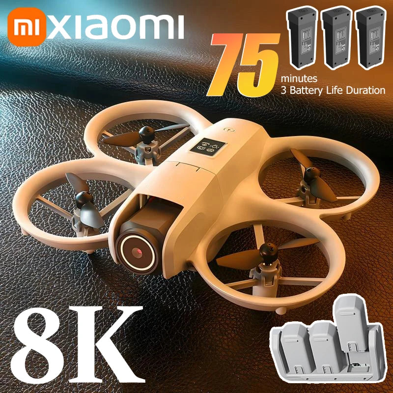 Xiaomi drone with 8K camera quality, battery life, and additional accessories on a dark background.
