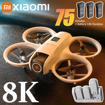 Xiaomi drone with 8K camera quality, battery life, and additional accessories on a dark background.