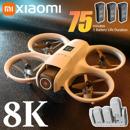 Xiaomi drone with 8K camera quality, battery life, and additional accessories on a dark background.