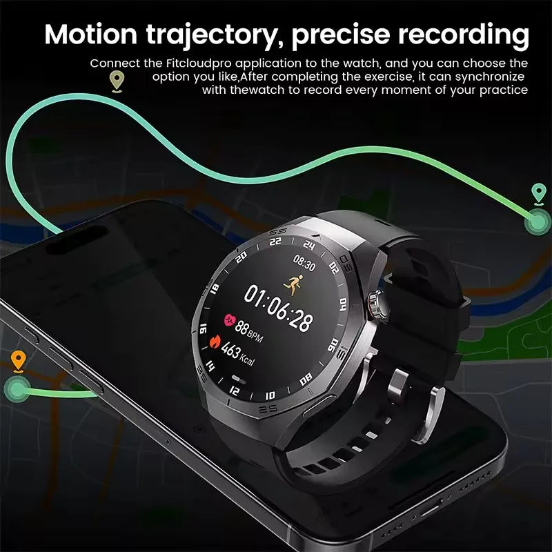 Smartwatch with fitness tracking app on a phone screen, showing motion trajectory and precise recording features.