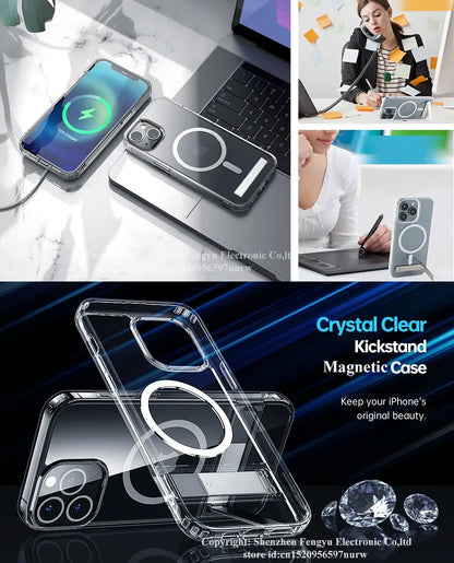 Collage of magnetic phone cases with a laptop and office setting
