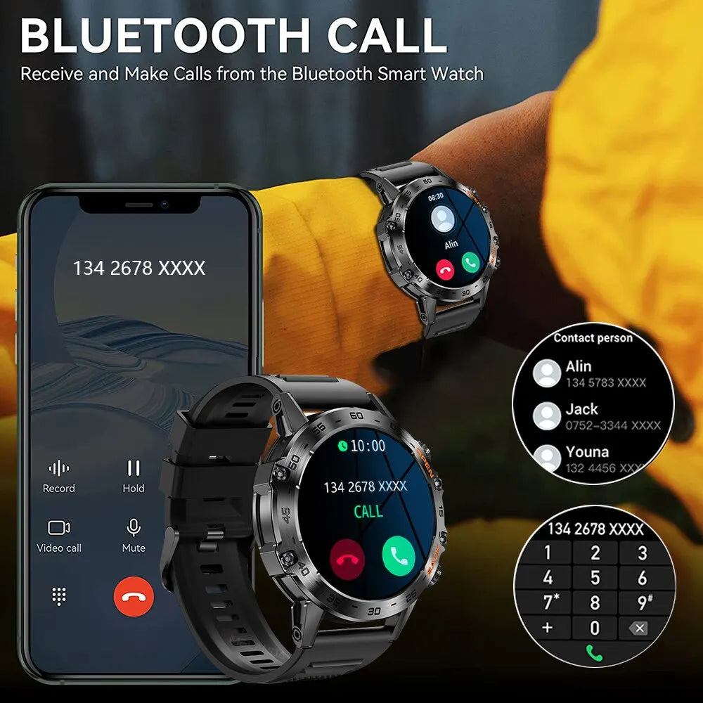 Smartwatch with Bluetooth call functionality displayed on a smartphone app interface.