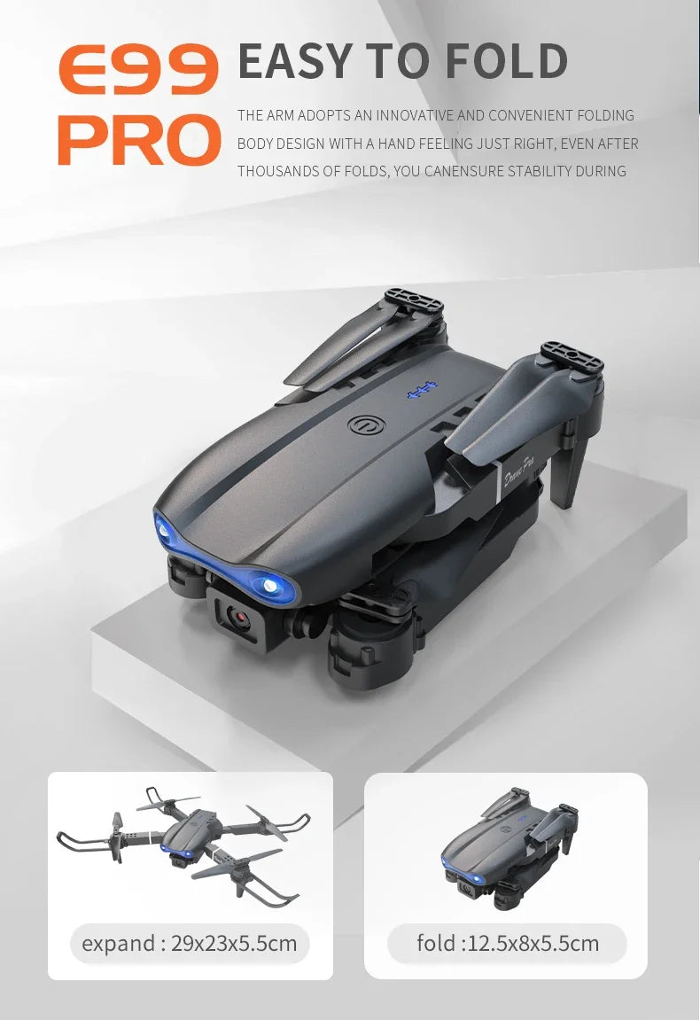 Folding drone with expand and fold dimensions displayed on a gray background