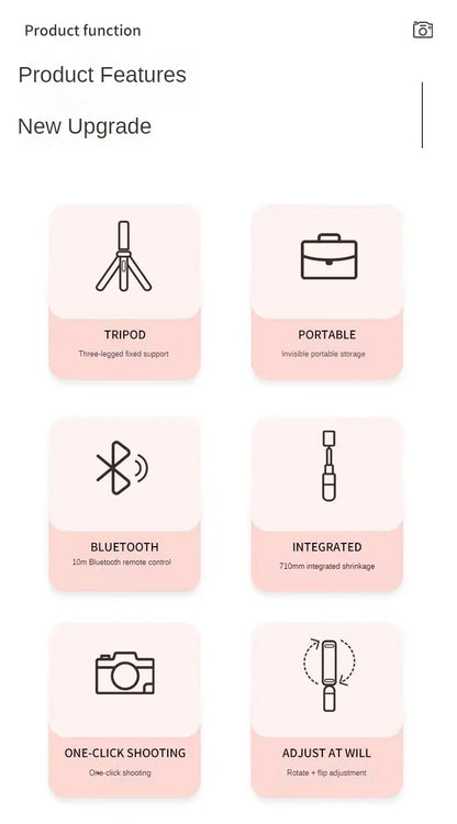 Product features with icons and text on a light pink background