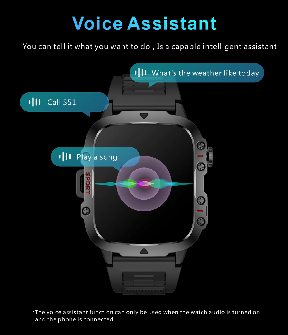Smartwatch with voice assistant interface on a black background