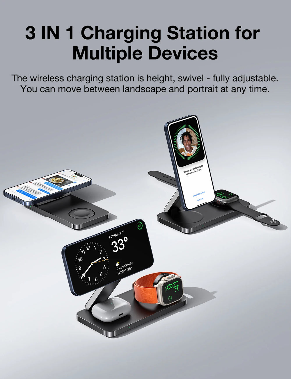 3-in-1 charging station for multiple devices with text on a gray background