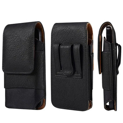 Black leather phone holster with belt clip on a white background
