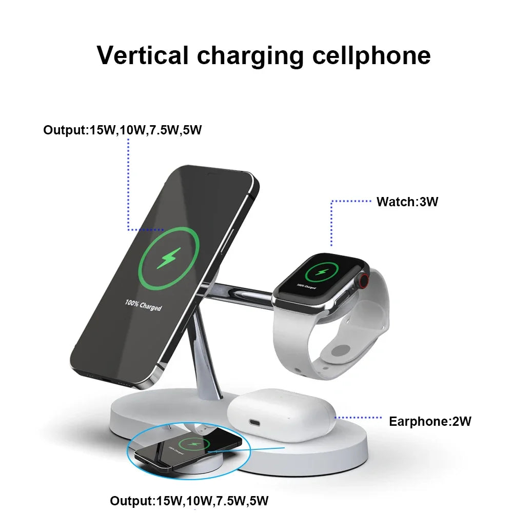 Multi-device charging stand with smartphone, smartwatch, and earbuds on a white background