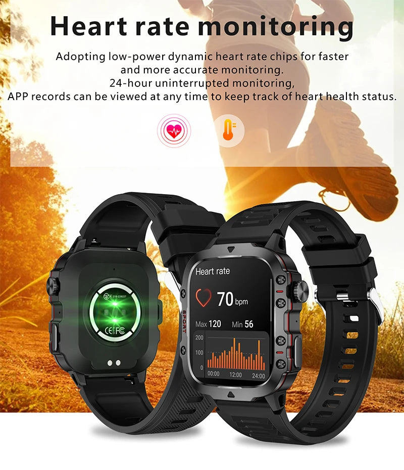 Two smartwatches with heart rate monitoring features on a blurred outdoor background.