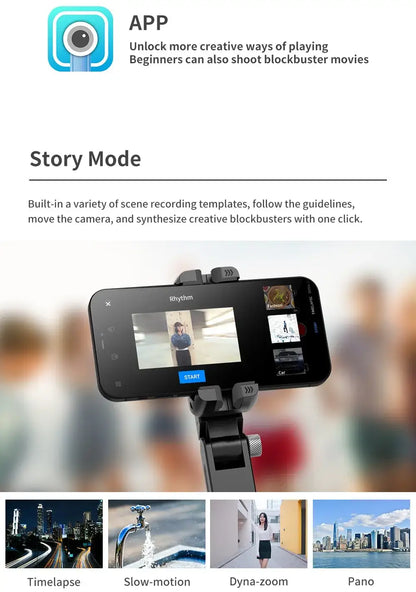 Phone with camera app interface showing 'Story Mode' features on a white background