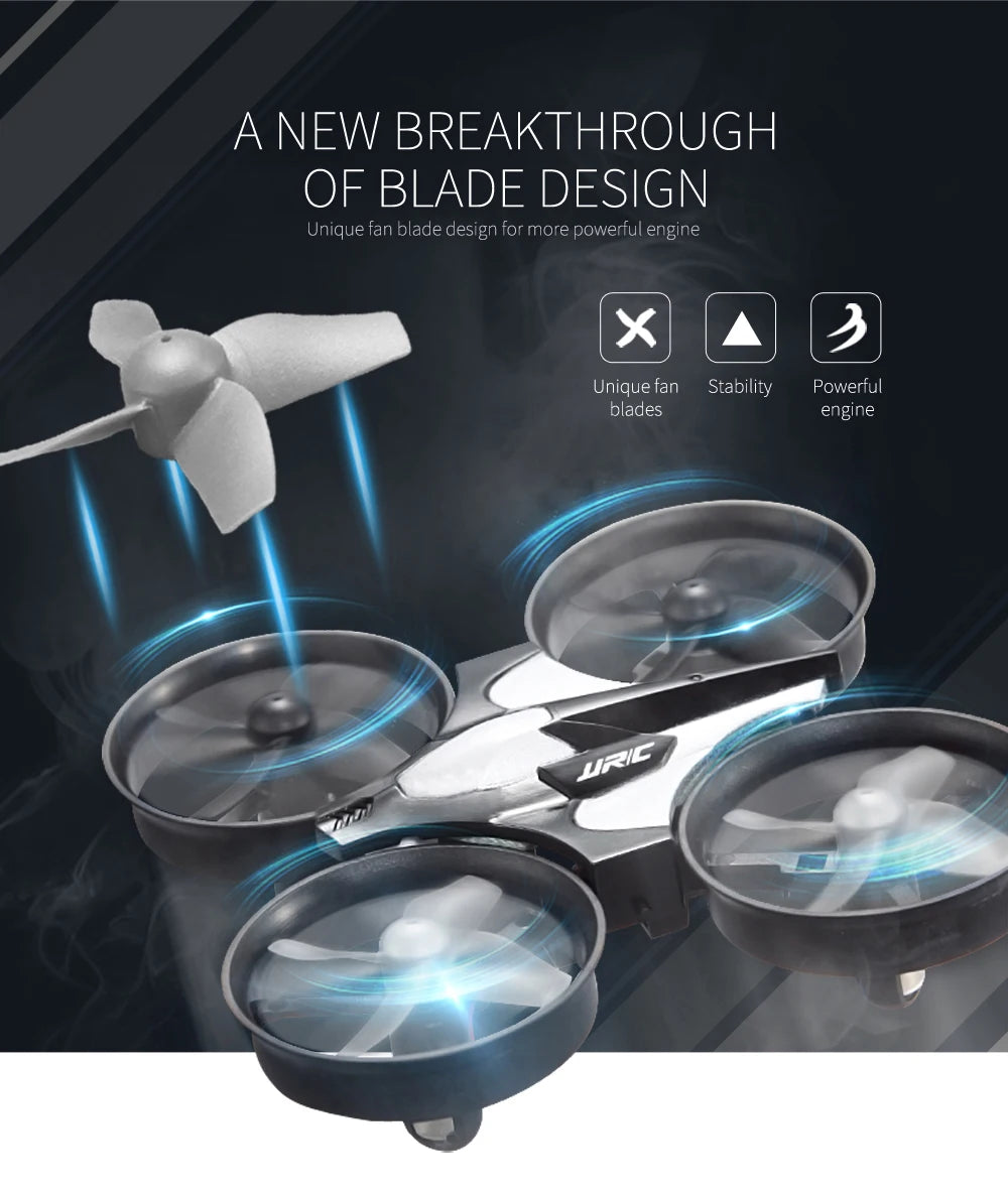 Drone with unique fan blade design on a dark background