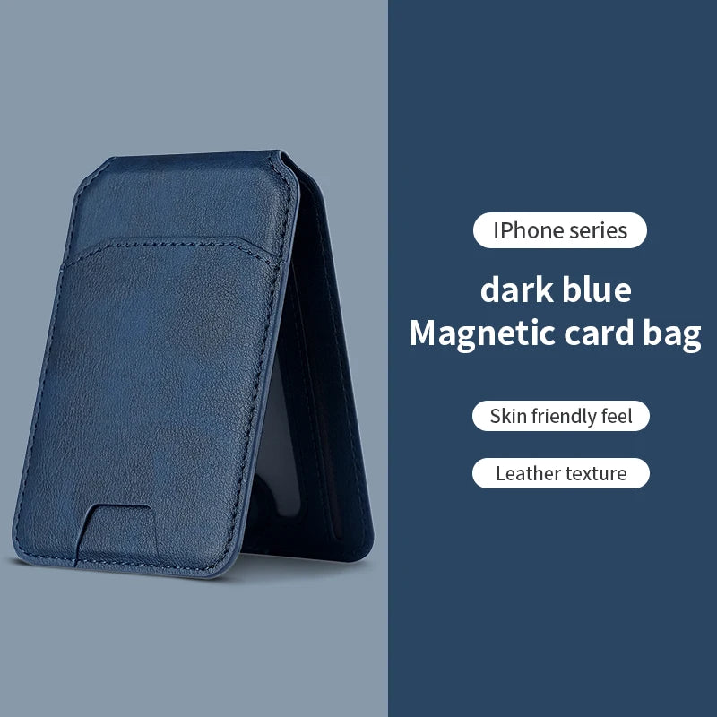 Dark blue magnetic card bag with text on a blue background