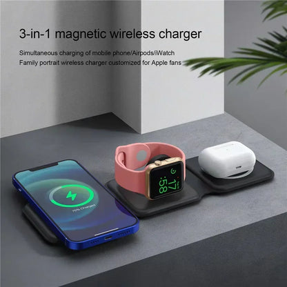 3-in-1 magnetic wireless charger charging a phone, Airpods, and smartwatch on a gray surface.