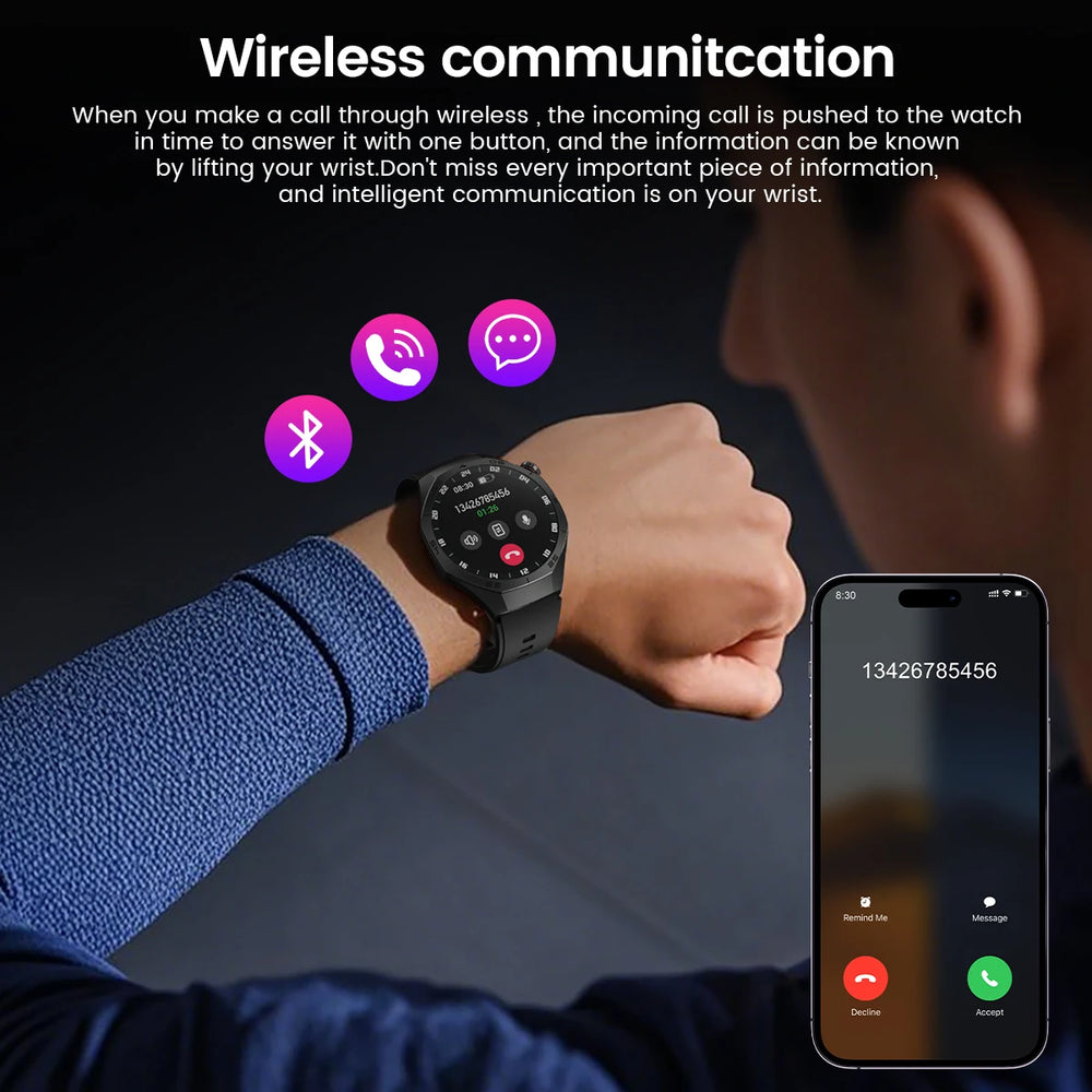 Smartwatch on a wrist with phone app interface and wireless communication text