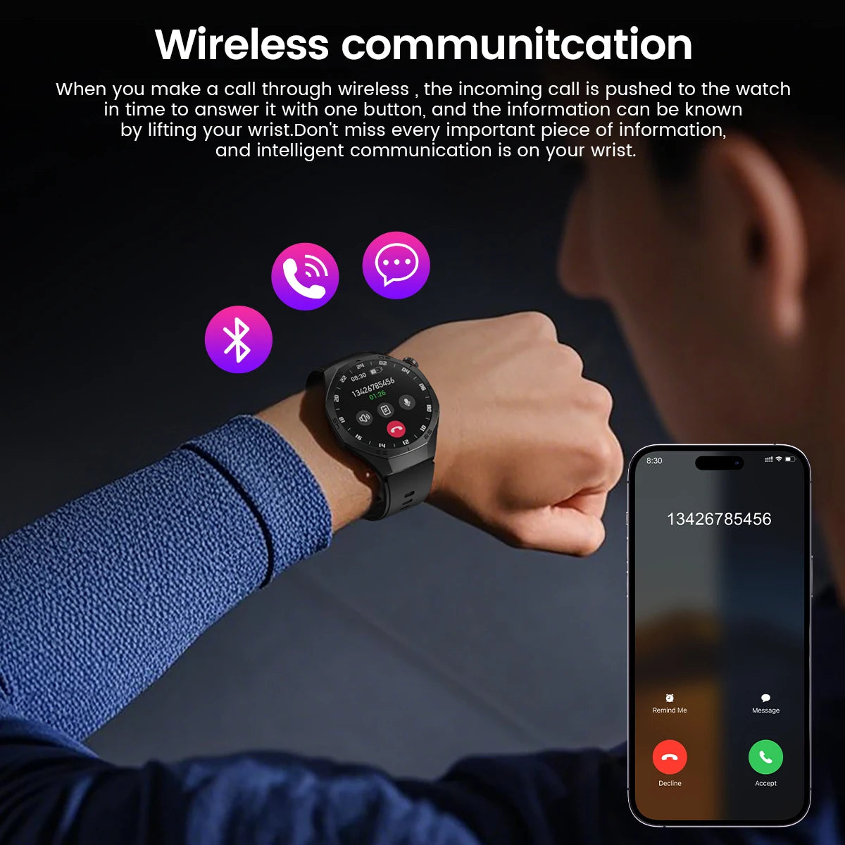 Smartwatch on a wrist with phone app interface and wireless communication text