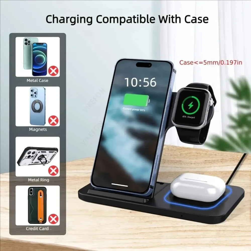 3 in 1 wireless charging station powering iPhone Apple Watch and AirPods with case compatibility up to 5mm and restrictions on metal cases magnets rings and credit cards.