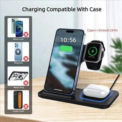 3 in 1 wireless charging station powering iPhone Apple Watch and AirPods with case compatibility up to 5mm and restrictions on metal cases magnets rings and credit cards.
