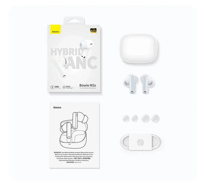 Bowie M2s wireless earbuds with packaging and accessories on a white background
