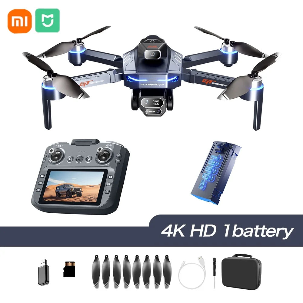 Drone with remote control, battery, and accessories on a white background