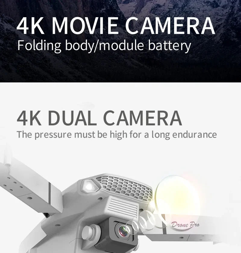 4K dual camera with text about 4K movie camera and module battery on a dark background