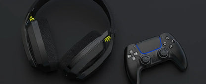 Black gaming headset and controller on a dark background