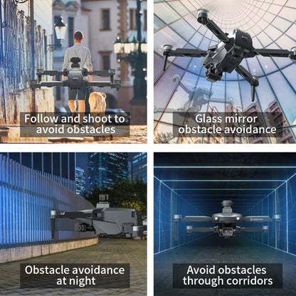 Collage of a drone in various scenarios with text on obstacle avoidance features.