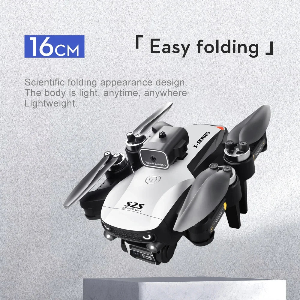 Folding drone with text highlighting ease of folding and lightweight design on a gray background