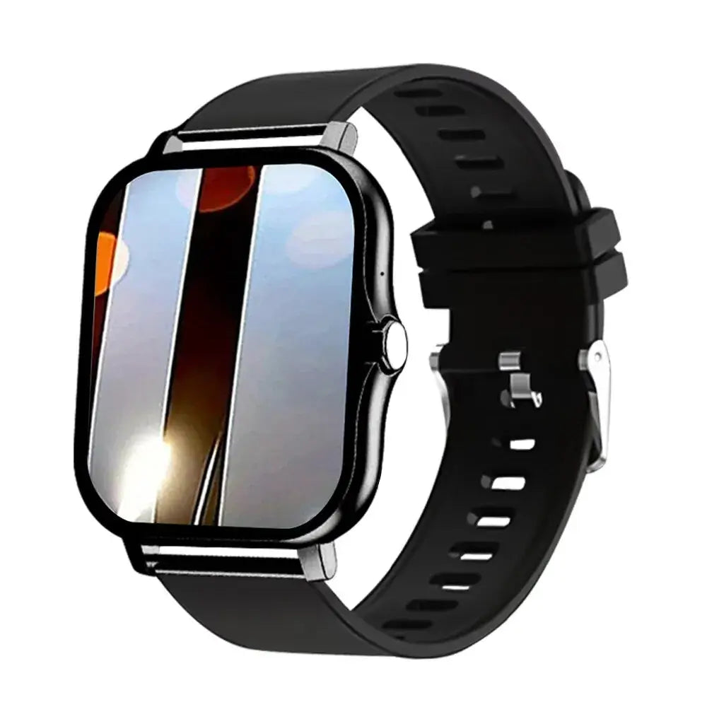 Black smartwatch with a reflective screen displayed on a white background
