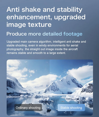 Promotional image of a snowy landscape with text about anti-shake and stability enhancement.