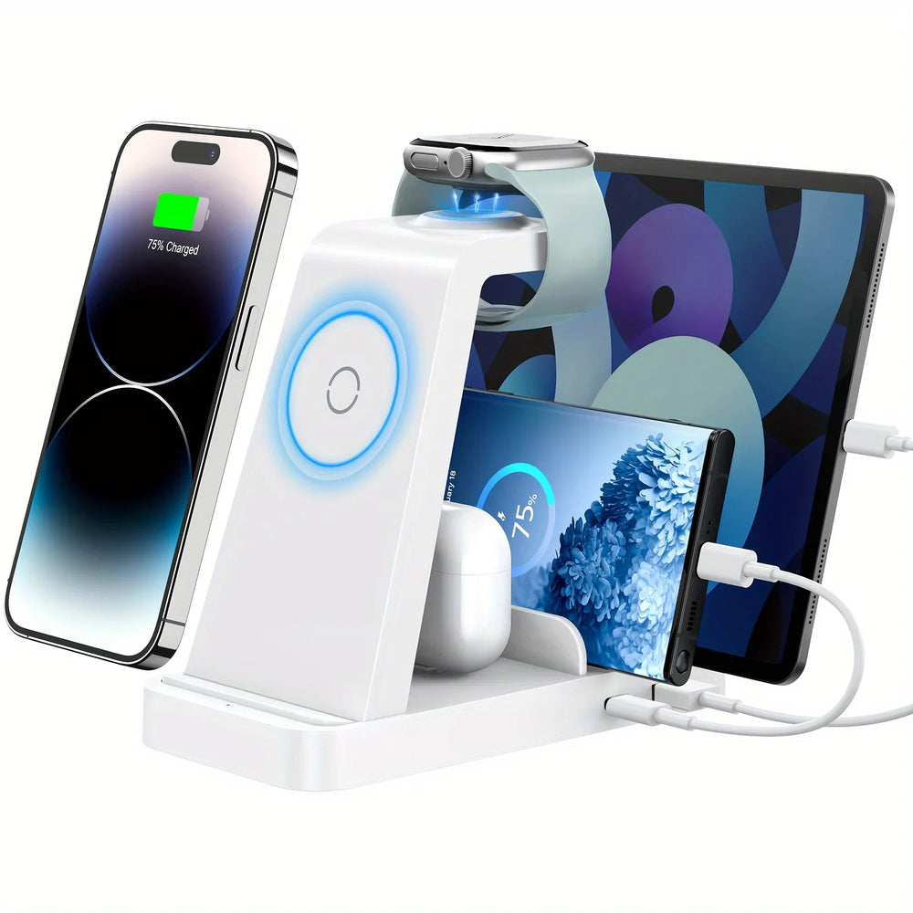 Multi-device charging station with smartphone, tablet, and headphones on a white background