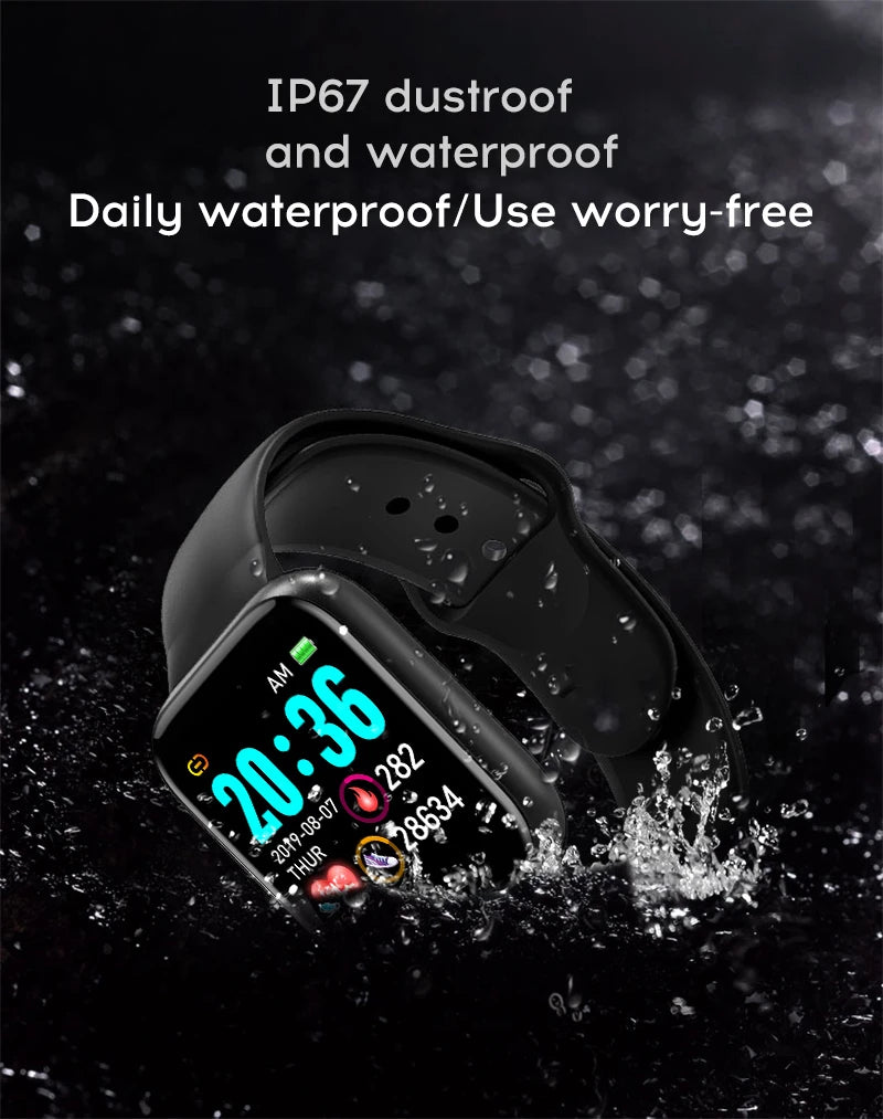 Black digital watch with water resistance features on a dark background