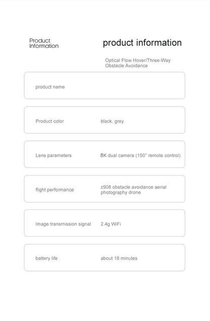 Product information sheet for a drone with specifications on a white background