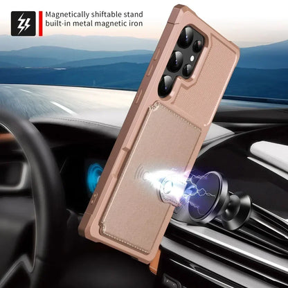 Phone case with magnetic stand feature in a car interior