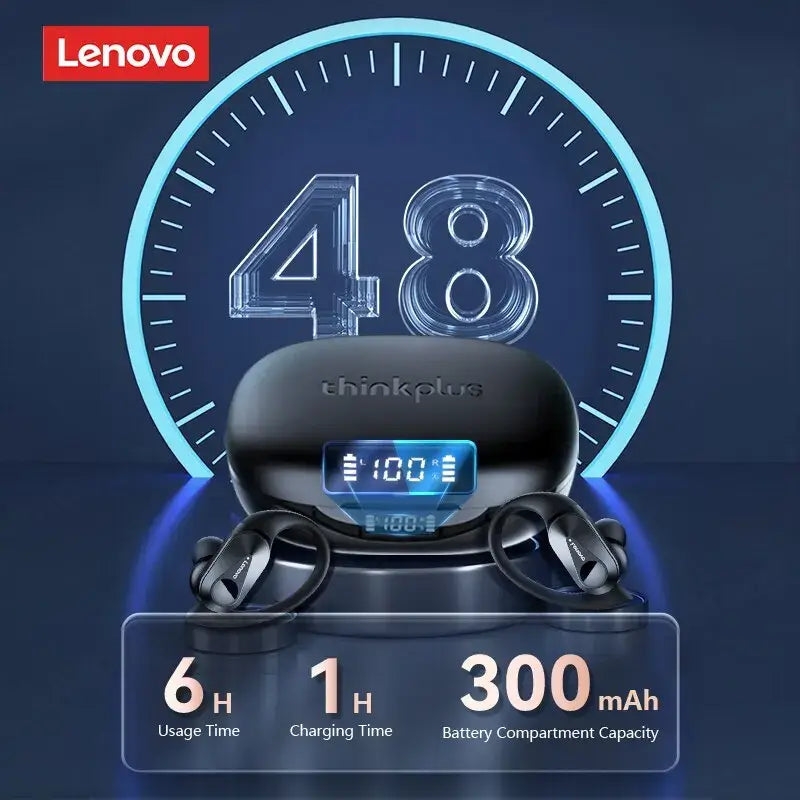 Lenovo Thinkplus earbuds with charging time and battery capacity displayed on a blue background
