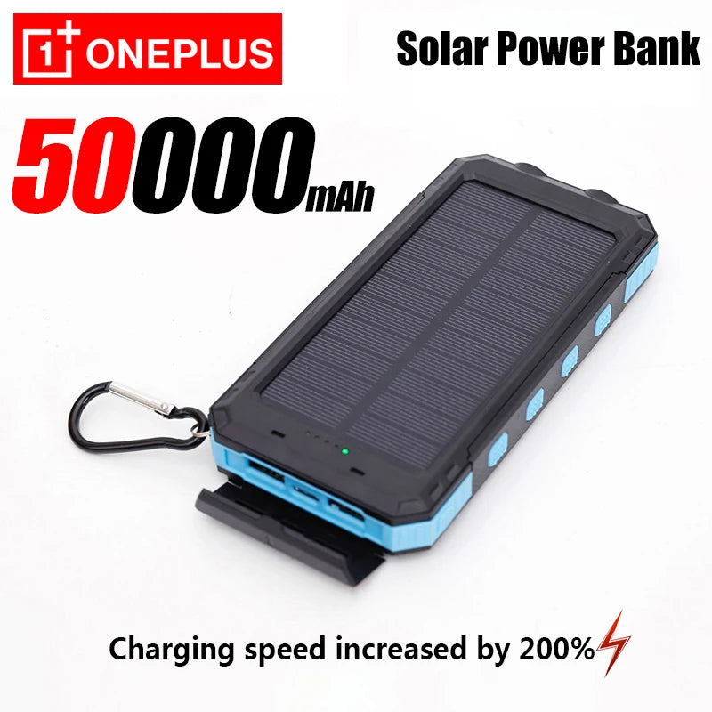 OnePlus solar power bank with 50000mAh capacity on a white background