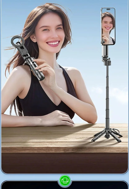 Woman using a selfie stick with a phone on a clear sky background