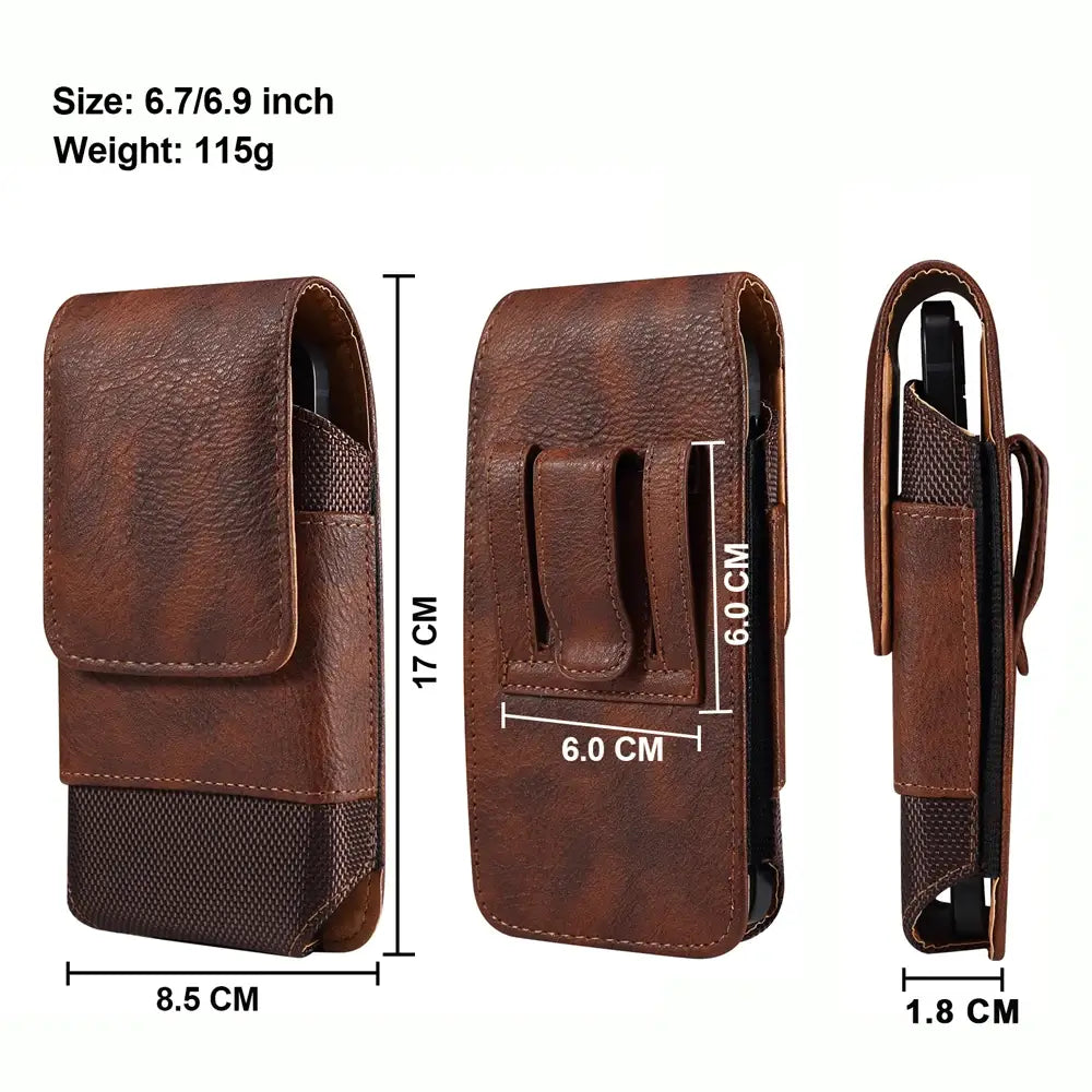Brown leather phone holster with measurements on a white background

