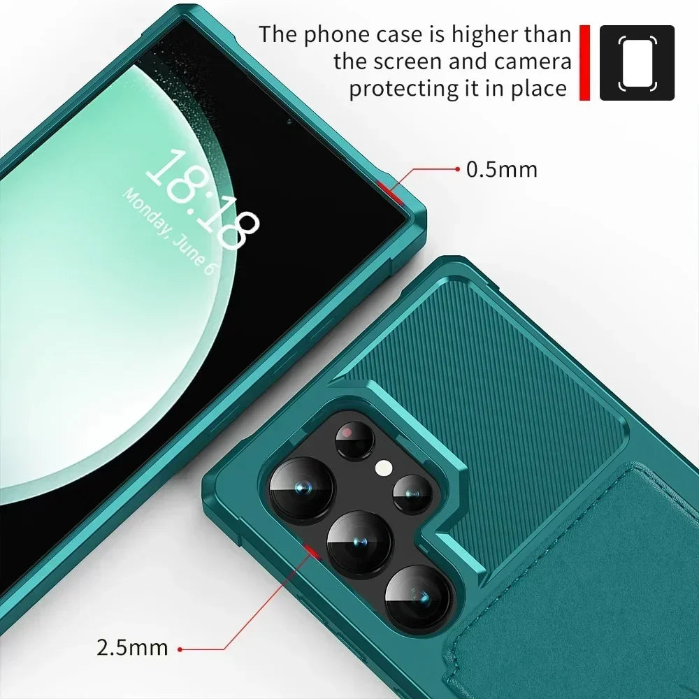 Teal phone case with text indicating it is higher than the screen and camera, protecting them.