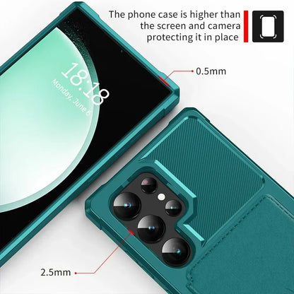 Teal phone case with text indicating it is higher than the screen and camera, protecting them.