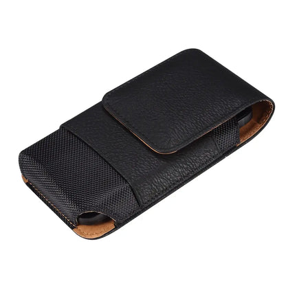Black leather phone case with strap on a white background
