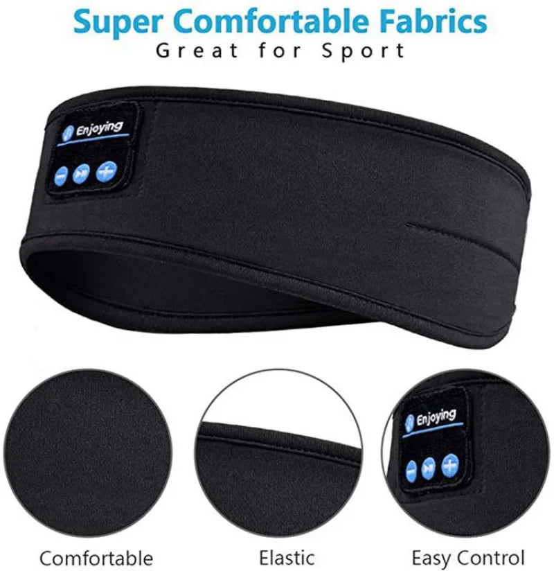 Black headband with Bluetooth control panel, labeled 'Enjoying', on a white background with text 'Super Comfortable Fabrics Great for Sport'.
