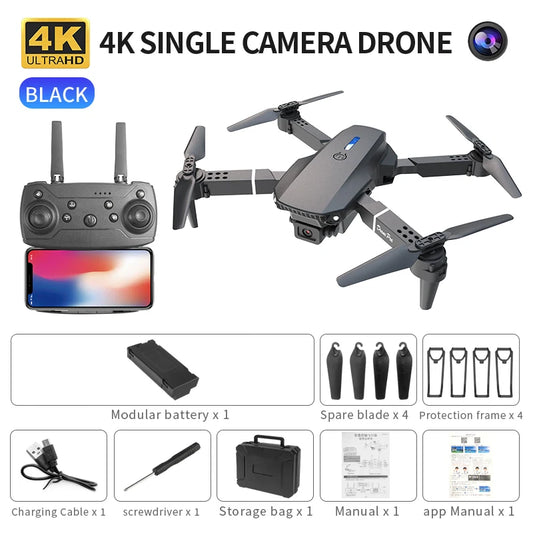 4K Single Camera Drone with remote control, screen, and accessories on a white background
