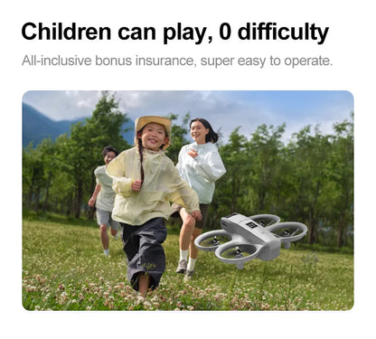 Children playing with a drone in a grassy field with text about its ease of use and insurance.