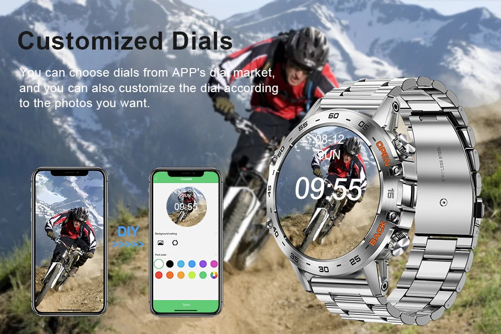 Smartwatch with customizable dials on a mountainous background, featuring a cyclist.