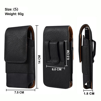 Black phone holster with measurements on a white background