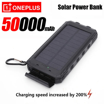 OnePlus solar power bank with 50000mAh capacity on a white background